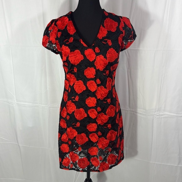 SAM EDELMAN BLACK RED ROSE EMBROIDERED MINI DRESS SIZE 6 - Picture 2 of 12